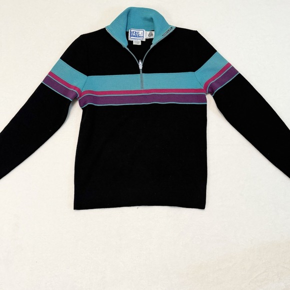 Vintage Quarter Zip Sweate Women's L Black Teal Purple Retro 80s - Picture 2 of 7